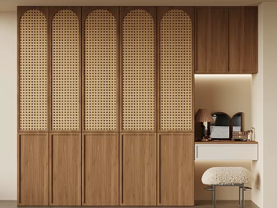Wooden Wardrobe With Arched Perforated Panels And Lighted Nook White Countertop Furry Stool 3d model