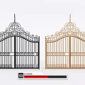 Elegant Wrought Iron Double Gates In Black And Gold With Ornate Designs And Spiked Tops