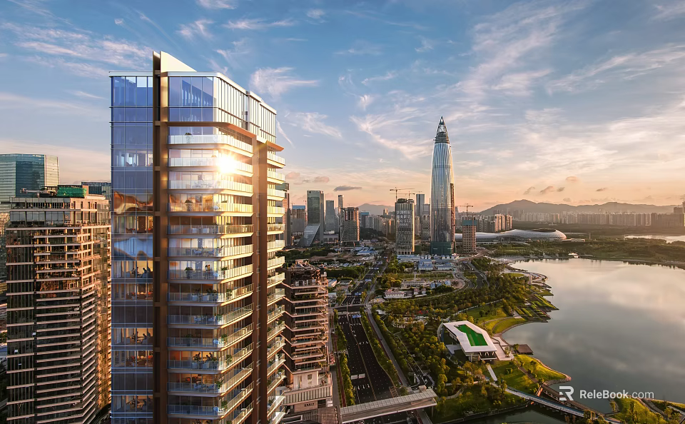 Scenic Modern Urban Skyline With High Rise Buildings Waterfront Park And Sunset Sky 3d model 