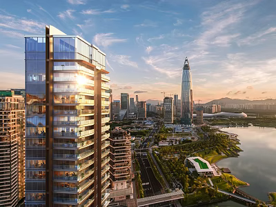 Scenic Modern Urban Skyline With High Rise Buildings Waterfront Park And Sunset Sky 3d model