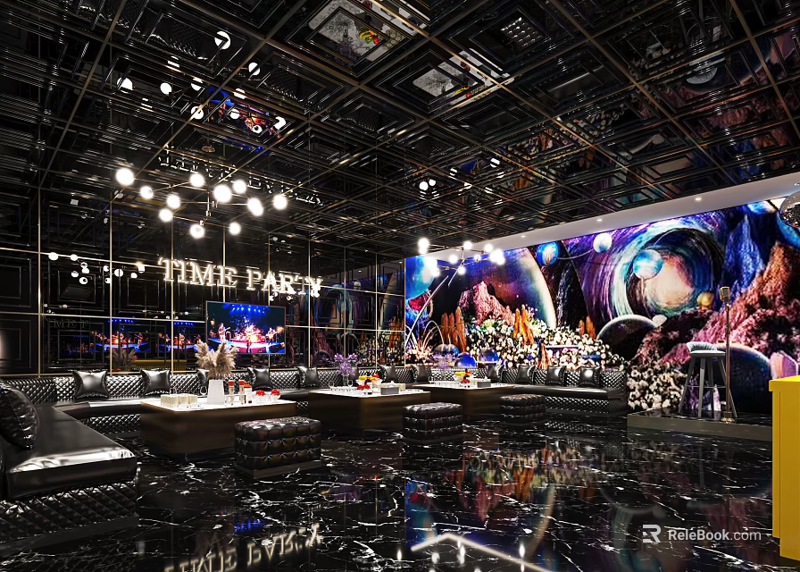 Modern Luxurious KTV Interior Design With Sofa Large Screen Lighting And TIME PARTY Sign 3d model 