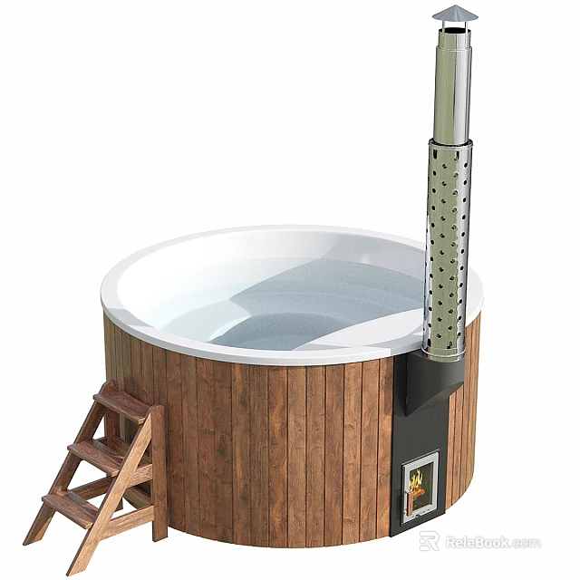 Wooden Circular Bathtub Interior With Metal Chimney And Wooden Ladder 3d model 