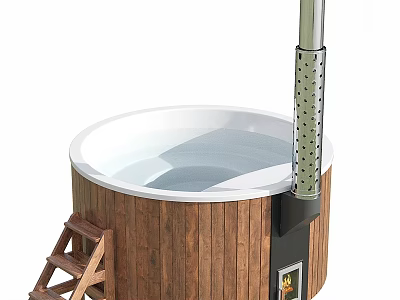 Wooden Circular Bathtub Interior With Metal Chimney And Wooden Ladder 3d model