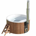 Wooden Circular Bathtub Interior With Metal Chimney And Wooden Ladder