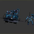 Blue Mechanical Robot Action Figures With Multiple Units On Platform Vehicle And Detailed Design
