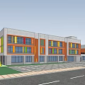 Modern School Building With Colorful Facades Glass Windows And Front Lawn Pathway