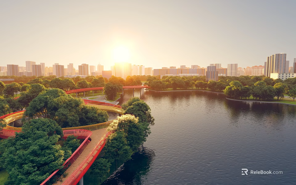 Scenic Waterfront Landscape with Red Walkway Lush Trees and City Skyline at Sunset 3d model 