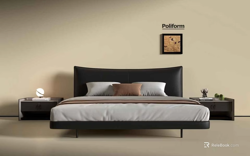 Poliform Double Bed In Bedroom Interior With Black Leather Headboard White Sheets And Pillows 3d model 