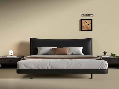 Poliform Double Bed In Bedroom Interior With Black Leather Headboard White Sheets And Pillows 3d model