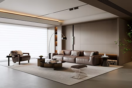 Italian Living Room Sofa Coffee Table Combination Leather Sofa Single Sofa Acrylic Stool Sofa Background Wall Floor Lamp Plant Dream Curtain 3d model