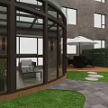 Garden Landscape Design With Green Grass Wooden Railing Circular Stone Pavers And Outdoor Umbrella