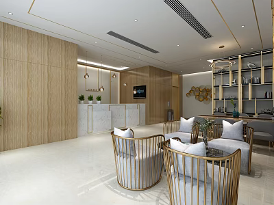 Elegant Hotel Lobby Interior With Wooden Walls Marble Reception And Gold Accent Chairs 3d model