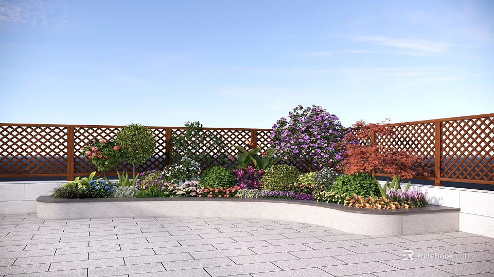 Beautiful Roof Garden Landscaping With Colorful Flowers Wooden Lattice Fence And Paved Floor 3d model 