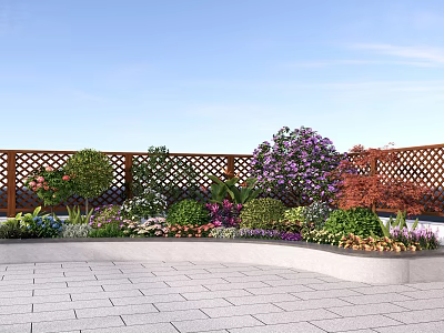 Beautiful Roof Garden Landscaping With Colorful Flowers Wooden Lattice Fence And Paved Floor 3d model