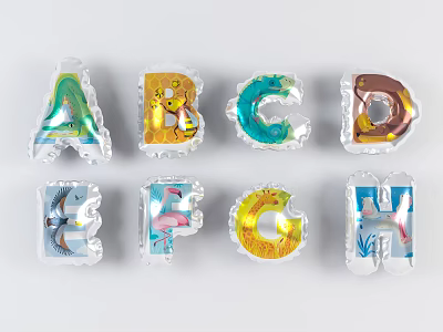 Inflatable Letter Balloons with Colorful Animal and Marine Patterns for Party Decorations 3d model