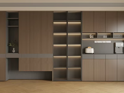 Modern Wooden Decorative Cabinet With LED Lighting And Multiple Shelves In Living Area 3d model