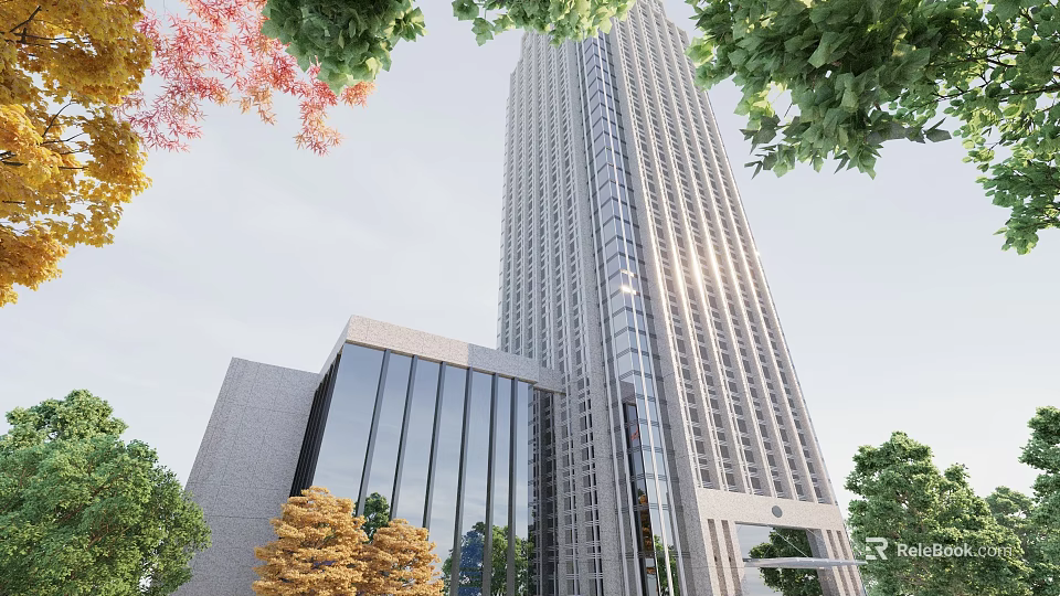 Modern High Rise Office Building With Glass Curtain Wall And Trees 3d model 