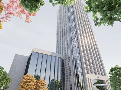 Modern High Rise Office Building With Glass Curtain Wall And Trees 3d model