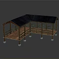 Garden Landscape Design Featuring Wooden Pavilion With Blue Roof Platform Railing And Support Pillars