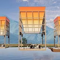 Scenic Waterfront Campsite With Orange Roofed Structures Mountain Views And Reflections