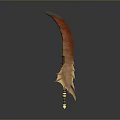 Ornate Curved Blade Weapon With Red Orange Design And Metallic Edge