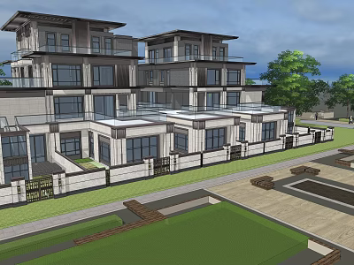 Modern Duplex Villa Exterior Design With Large Windows And Green Lawn 3d model
