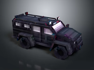 Pixel Art Military Vehicle Dark Colored Body with Large Tires and Roof Equipment 3d model