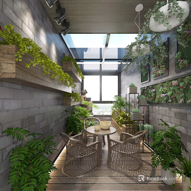 Bright Villa Balcony with Glass Roof Wooden Planters Rattan Furniture and Green Plants 3d model 