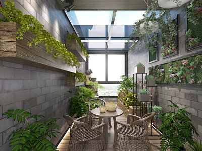 Bright Villa Balcony with Glass Roof Wooden Planters Rattan Furniture and Green Plants 3d model