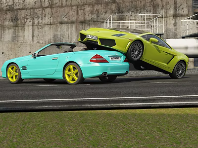 Dynamic Blue Convertible And Yellow Sports Cars Driving On Asphalt Road 3d model