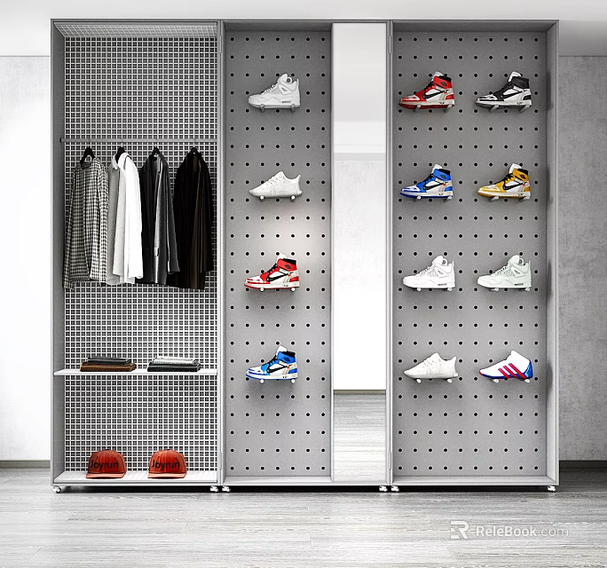 Modern Minimalist Metal Perforated Shoe Cabinet With Hanging Clothes Red Bags And Colorful Sneakers 3d model 