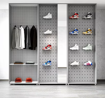 Modern Minimalist Metal Perforated Shoe Cabinet With Hanging Clothes Red Bags And Colorful Sneakers 3d model