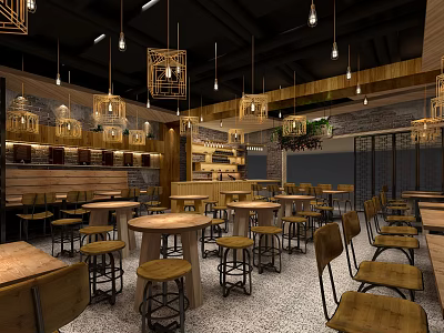 Cozy Café Interior With Wooden Tables Chairs Hanging Pendant Lights Brick Walls And Green Plants 3d model