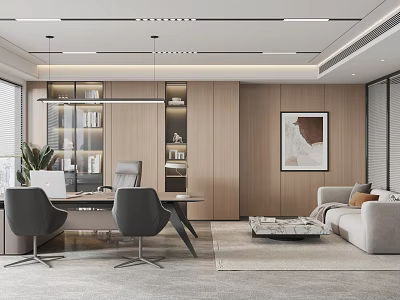 Modern Office Interior Design With Wooden Desk Chairs Sofa Bookshelf And Wall Art 3d model