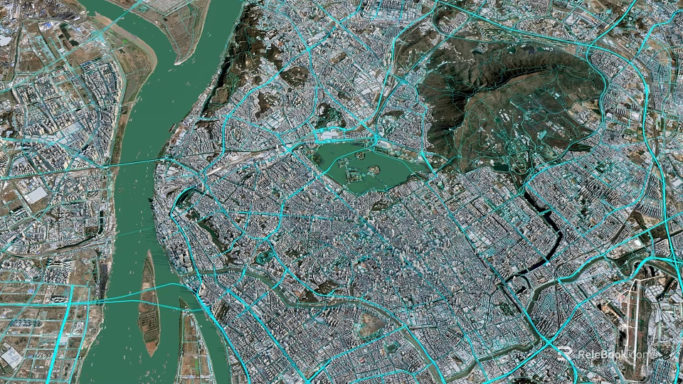 Aerial View Urban Planning Featuring River Road Network And Central Lake Area 3d model 