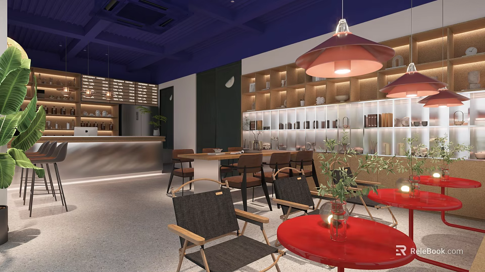 Elegant Café Interior Featuring Blue Ceiling Pendant Lights Wooden Shelves Red Tables And Green Plants 3d model 