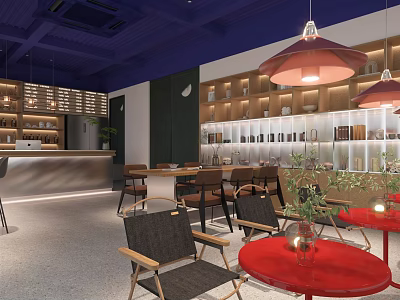Elegant Café Interior Featuring Blue Ceiling Pendant Lights Wooden Shelves Red Tables And Green Plants 3d model