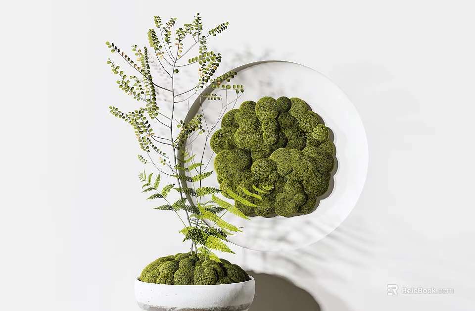 Bonsai Potted Plant With Green Moss And White Pot And Leafy Branches 3d model 