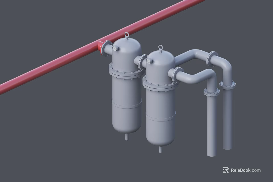Industrial Equipment Featuring Red Pipeline Connecting Two Gray Cylindrical Tanks And Gray Pipes 3d model 