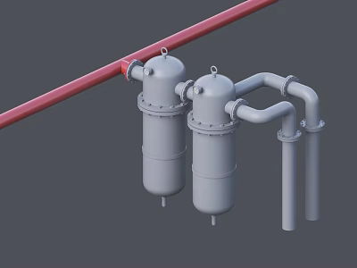 Industrial Equipment Featuring Red Pipeline Connecting Two Gray Cylindrical Tanks And Gray Pipes 3d model