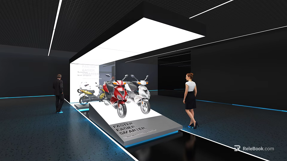 Modern Motorcycle Exhibition Space With Display Platform Bright Lighting And Visitors 3d model 