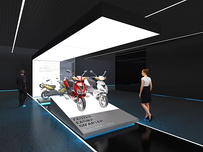 Modern Motorcycle Exhibition Space With Display Platform Bright Lighting And Visitors 3d model