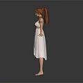 Woman with brown hair wearing white dress golden belt arm cuffs standing barefoot arms outstretched