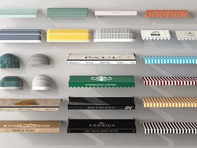 Various Style Awnings Featuring Multiple Colors Striped Patterns And Brand Logos 3d model