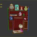 Wooden Bookcase With Shelves Cabinet Doors Vases Scroll Books And Decorative Items