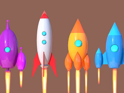 Colorful Rocket Weapons In Purple White Orange Blue With Flames And Small Sizes 3d model