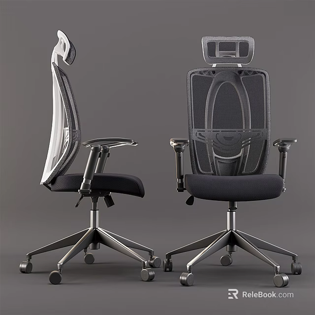 Modern Office Chair With Mesh Backrest Adjustable Armrests Black Seat Metal Base Wheels 3d model 