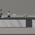 Modern Front Desk Reception Area With Marble Countertop Computers And Decorative Items 3d model