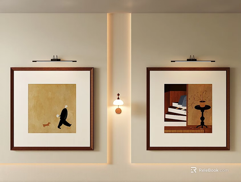 Photo Wall with Two Framed Artworks Person Walking Dog Staircase and Table Lamp Wall Sconce 3d model 