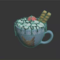 Hot Chocolate In Blue Reindeer Mug With Marshmallows Chocolate Drizzle And Waffle Sticks